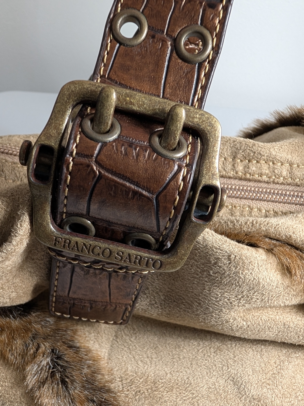 Franco Sarto Beige Suede Shoulder Bag Brown Faux Fur Croc Emboss Strap & Bottom - Picture 6 of 10